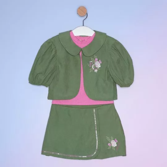 Conjunto De Blusa Canelada, Bolero & Short Saia Com Paetês- Rosa Escuro & Verde Militar- PETIT CHERIE