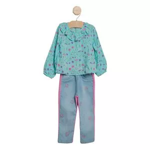 Conjunto De Bata Floral & Calça Jeans Reta<BR>- Verde Água & Azul