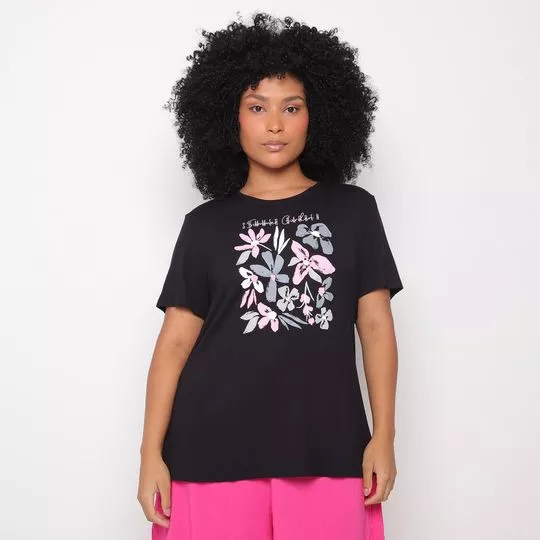 Camiseta Floral- Preta & Rosa Claro- Cativa