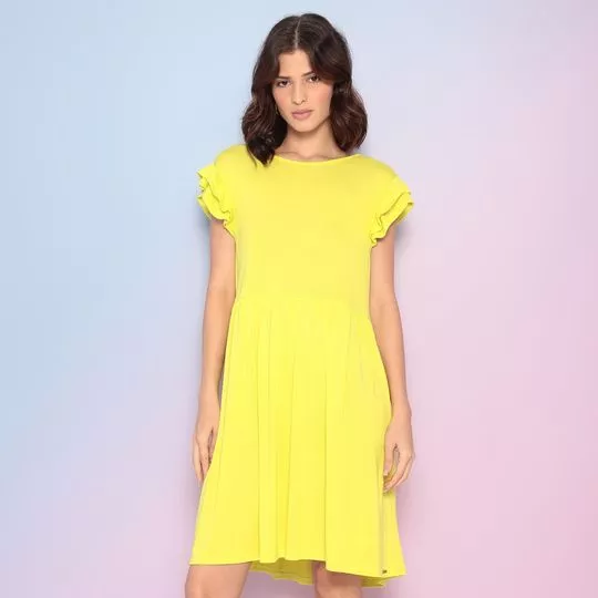 Vestido Curto Com Babados - Amarelo Neon - Dimy