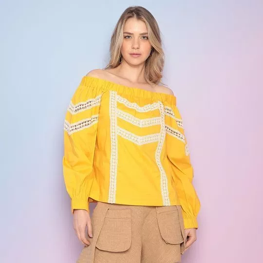 Blusa Ciganinha Com Renda- Amarela & Branca- Skazi