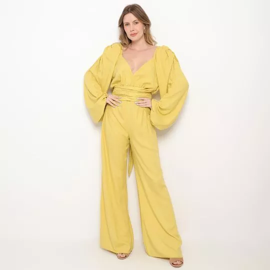 Macacão Pantalona Com Franzidos- Amarelo