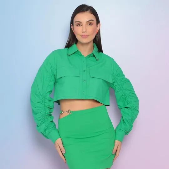 Camisa Cropped Com Bolsos- Verde Água- My Favorite Things