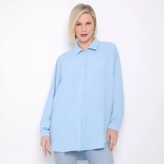 Camisa Alongada Com Babado- Azul Claro