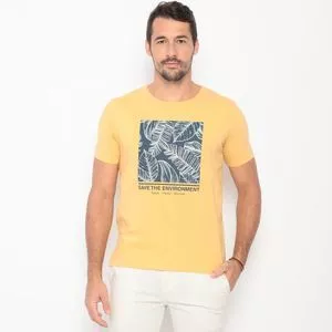 Camiseta Com Folhagens<BR>- Amarela & Azul Marinho