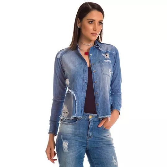 Camisa Jeans Destroyed- Azul Escuro- Zait Jeans