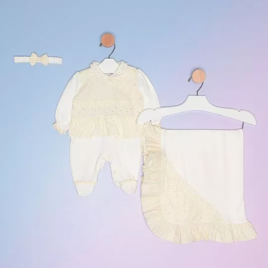 Saída Maternidade Com Babados- Amarelo Claro & Off White- 3Pçs- Bicho Molhado