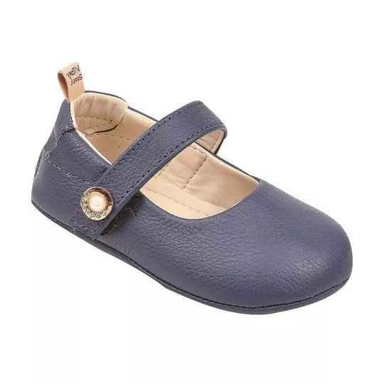 Sapato Boneca Em Couro Com Velcro- Azul Marinho