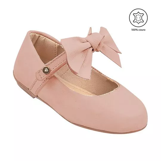 Sapato Boneca Em Couro Com Laço- Rosa Claro & Dourado