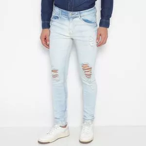 Calça jeans Skinny Com Destroyed<BR>- Azul Claro