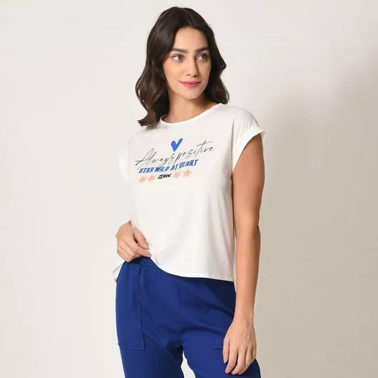 Camiseta Com Inscrições- Off White & Azul Escuro