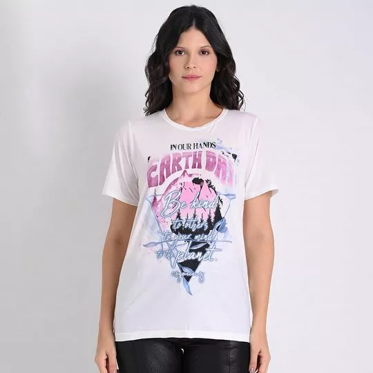 Camiseta Com Inscrições- Branca & Rosa