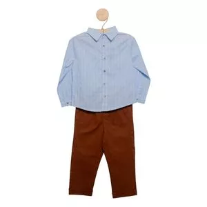 Conjunto De Camisa Listrada & Calça Reta<BR>- Azul Claro & Marrom<BR>- Digi