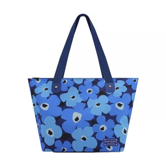 Bolsa Floral Com Tag- Azul Marinho & Azul- 30,5x48x18,5cm