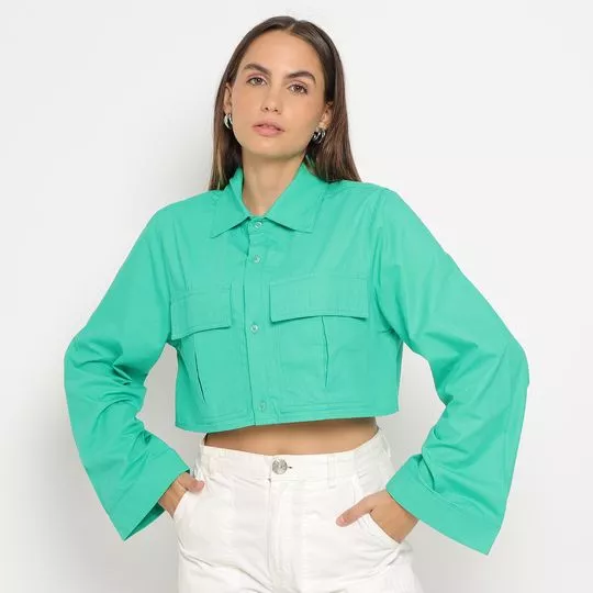 Camisa Cropped Com Bolsos- Verde Água- Lança Perfume