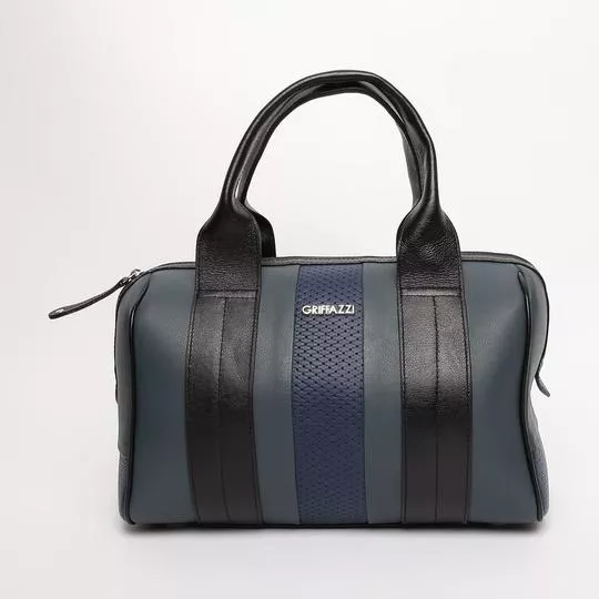 Bolsa De Mão Em Couro- Azul Escuro & Preta- 24,5x28x10cm- Griffazzi