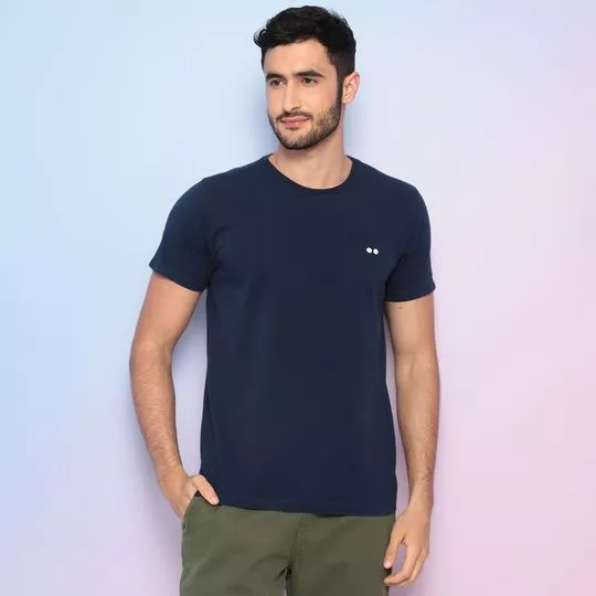 Camiseta Com Bordado- Azul Marinho & Branca