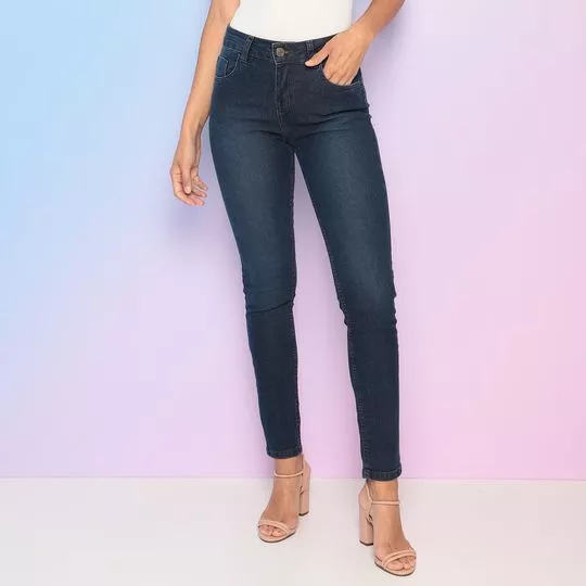 Calça Jeans Super Skinny Com Zíper- Azul Escuro