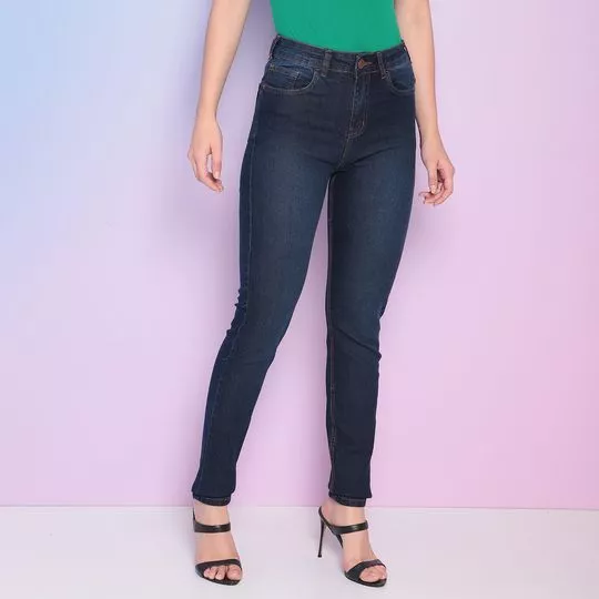 Calça Jeans Super Skinny Com Recortes- Azul Escuro