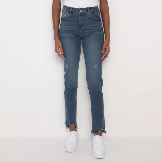 Calça Jeans Super Skinny Com Puídos- Azul Escuro
