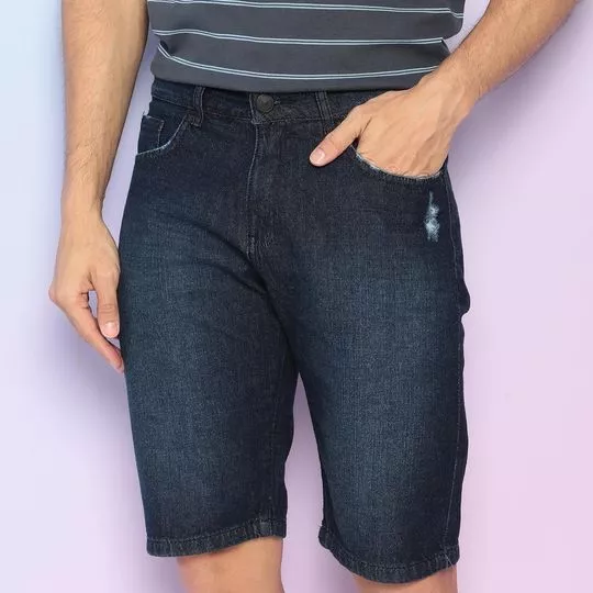 Bermuda Jeans Com Recortes- Azul Escuro