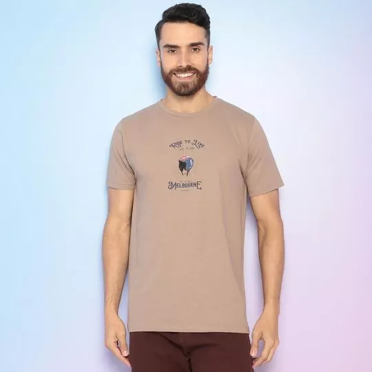 Camiseta Com Inscrições- Marrom & Azul Marinho