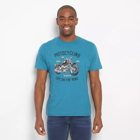 Camiseta Motocicleta- Azul Claro & Preta