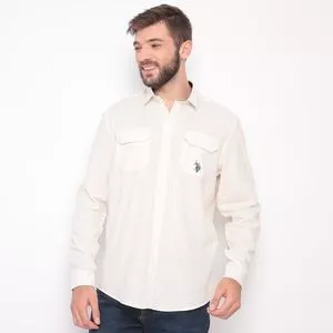 Camisa Regular Fit Com Linho<BR>- Off White