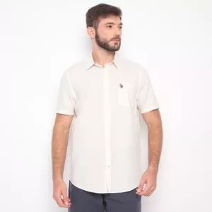 Camisa Regular Fit Com Linho<BR>- Off White