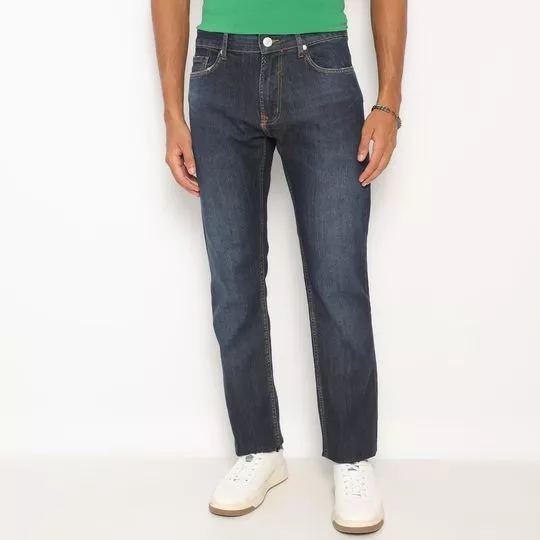 Calça Jeans Reta Com Puído- Azul Marinho