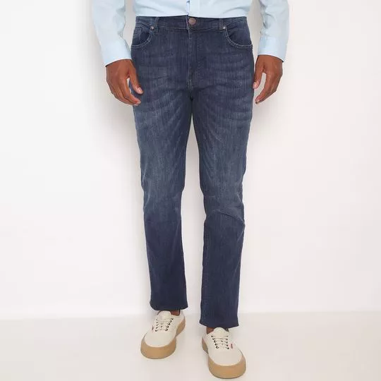 Calça Jeans Reta Com Puído- Azul Escuro