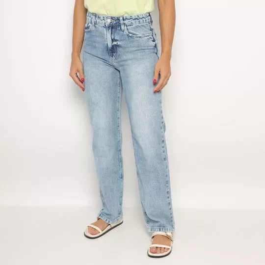 Calça Jeans Reta Com Recortes- Azul Claro