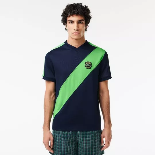 Camiseta Regular Fit Com Bordado- Azul Marinho & Verde Claro