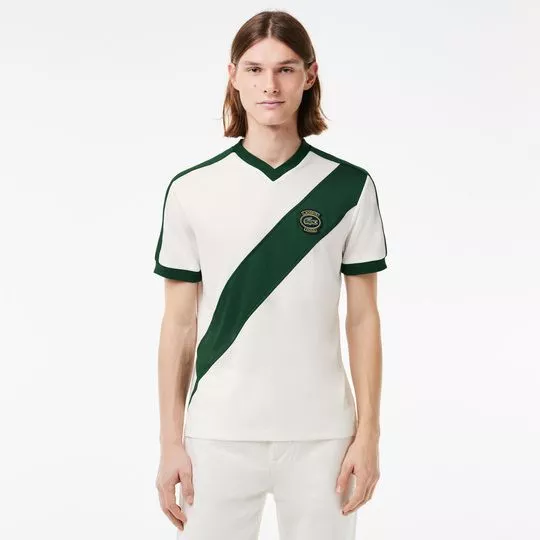 Camiseta Regular Fit Com Bordado- Off White & Verde Escuro