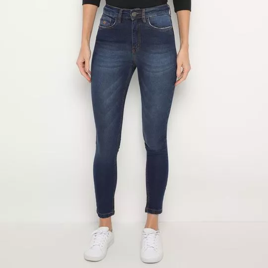 Calça Jeans Skinny Com Recortes- Azul Marinho
