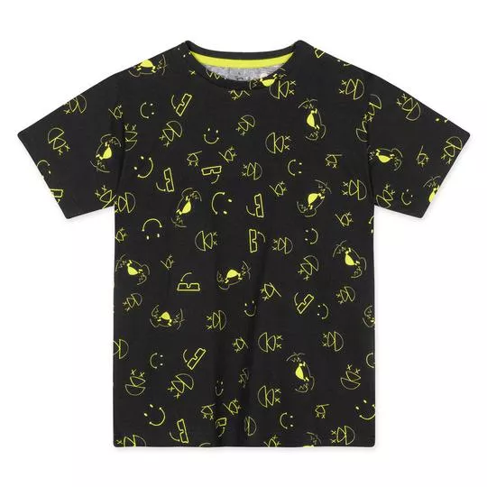 Camiseta Emojis- Preta & Verde Limão