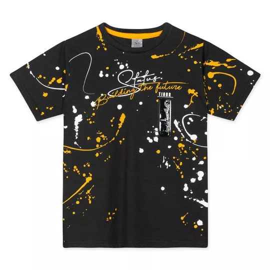 Camiseta Abstrata Com Tag- Preta & Amarelo Escuro