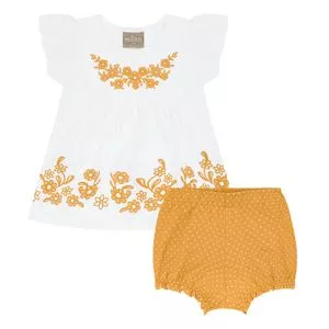 Conjunto De Blusa Floral & Short Poá<BR>- Branco & Amarelo