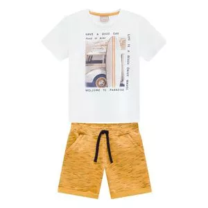 Conjunto De Camiseta Com Inscrição & Bermuda Lisa<BR>- Branco & Amarelo
