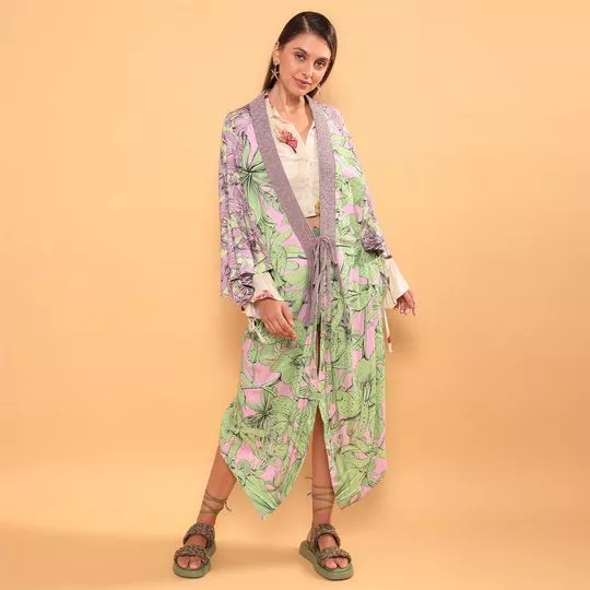 Kimono Folhagens- Lilás & Verde Claro