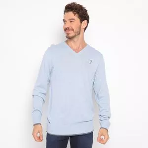 Suéter Com Bordado<BR>- Azul Claro & Cinza