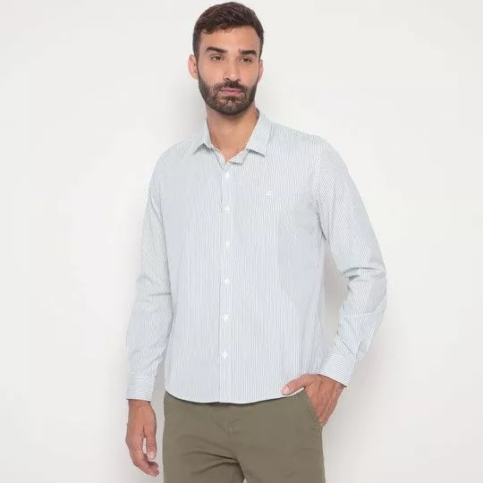 Camisa Comfort Fit Listrada- Off White & Verde Claro