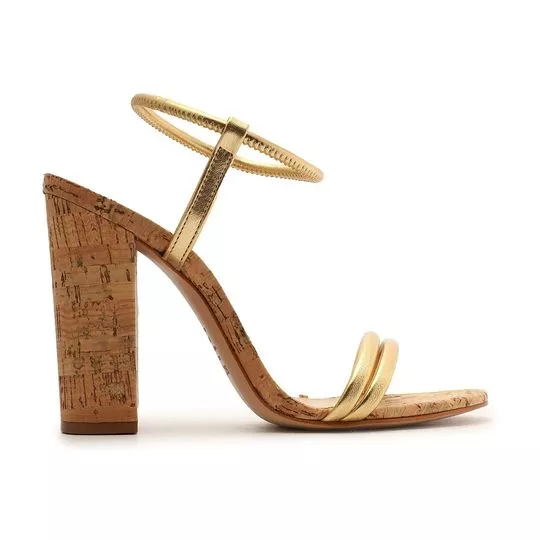 Sandália Metalizada Com Cortiça- Dourada & Bege- Salto: 10,5cm