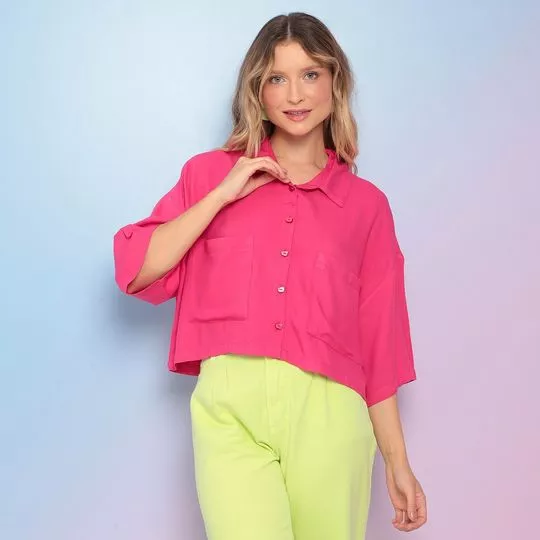 Camisa Cropped Com Bolsos- Pink- Malwee