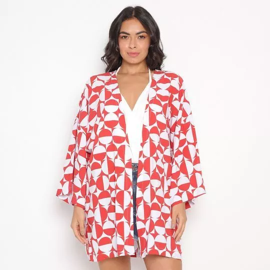 Kimono Geométrico- Vermelho & Branco- Enfim