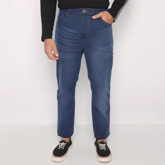 Calça Jeans Reta Com Bolsos- Azul Escuro- Malwee