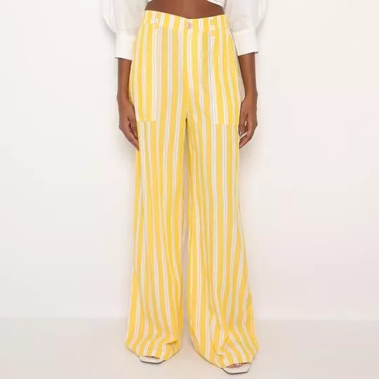 Calça Pantalona Listrada- Amarela & Off White