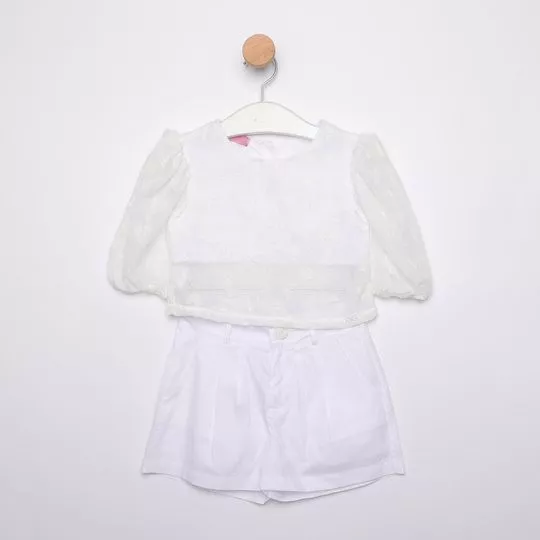 Conjunto De Cropped Em Tule & Short- Off White & Branco- Luluzinha
