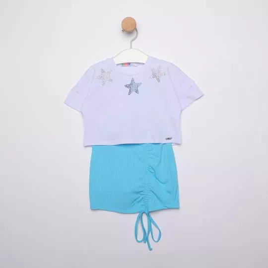 Conjunto De Cropped Estrelas & Saia Canelada- Branco & Azul- Mylu