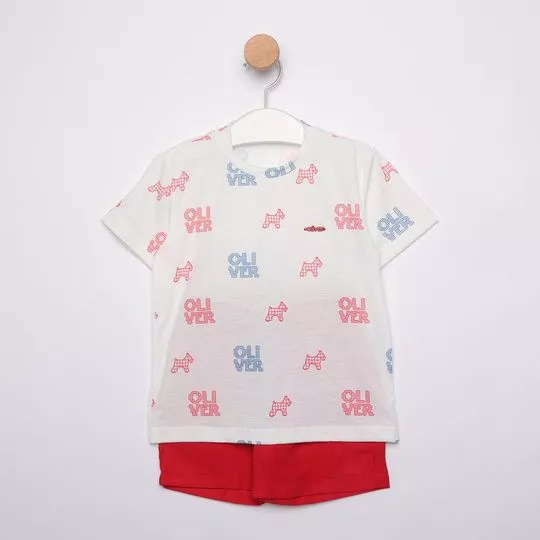 Conjunto De Camiseta Oliver® & Bermuda- Off White & Vermelho- Oliver
